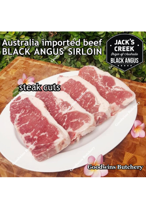 Beef Sirloin Australia BLACK ANGUS GF Grain-Fed MS2+ marbling2+ STEER (young cattle) Jack's Creek frozen STEAK CUTS; 3/8,3/4,1,2 inch (price/kg) - Striploin / New York Strip / Has Luar